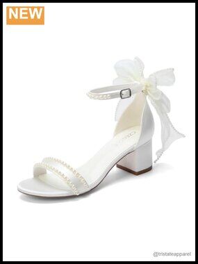 Pearl Embellished Satin Organza Bow Ankle Strap Block Heel Bridal Sandals